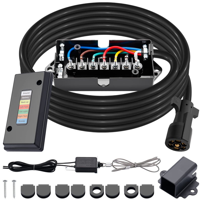 CheeMuii 15 FT 7 Way Trailer Cord and 7 Gang Junction Box Kit with 12 V Breakaway Switch and Plug Holder Heavy Duty Trailer Wiring Harness Kit for Trailers RVs Campers - Image 1