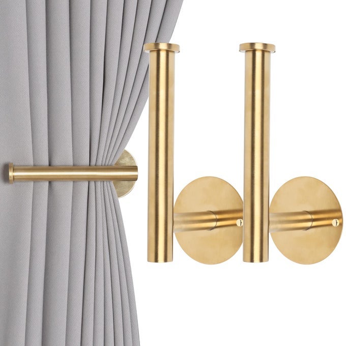 Groleca 2 Pack Curtain Holdbacks No Drill SelfAdhesiveScrewin Curtain Tiebacks with SUS304 Stainless Steel Pull Backs Metal Curtain Holder for Drapes 2 Gold