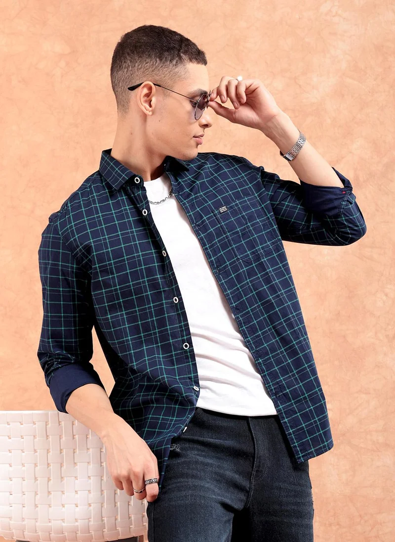 شركة المرآب الهندية Men Slim Fit Checkered Full Sleeves Spread Collar Casual Shirt
