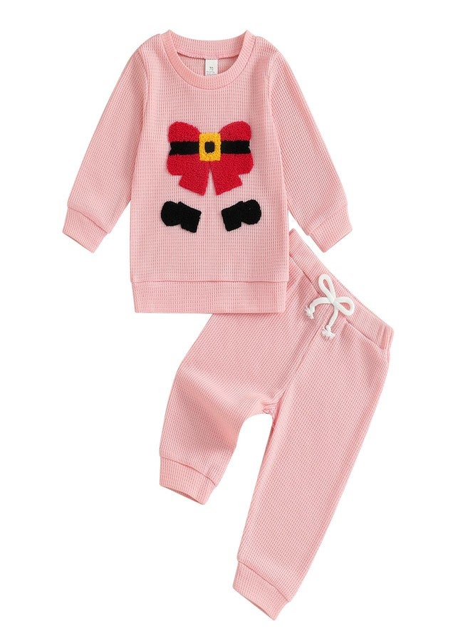 Fernvia Baby Girl Christmas Outfit Toddler Winter Clothes Santa Embroidery Waffle Knit Sweatshirt Pullover Tops Pant Set (B Pink, 12-18 Months) - Image 1