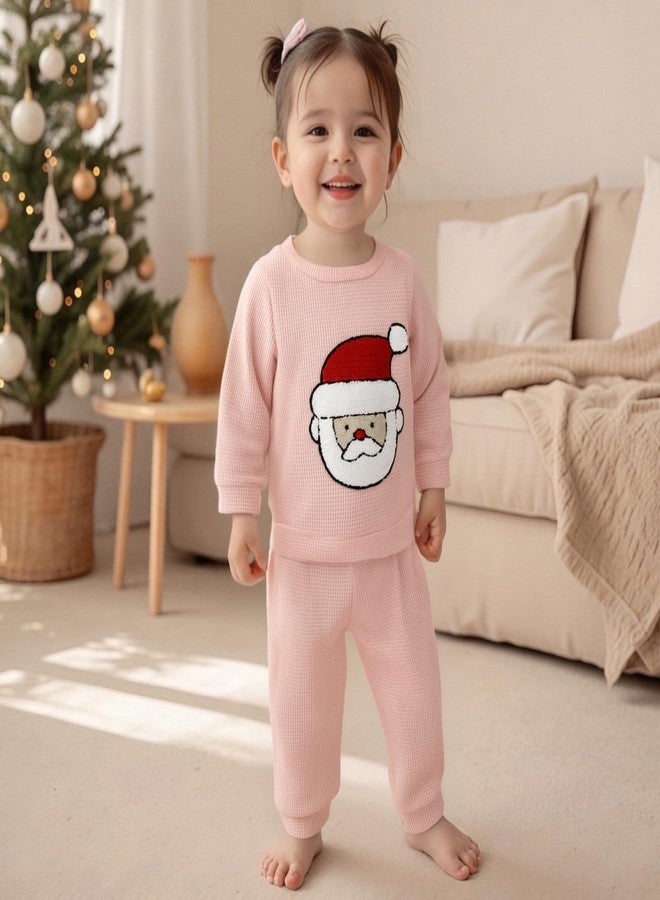 Fernvia Baby Girl Christmas Outfit Toddler Winter Clothes Santa Embroidery Waffle Knit Sweatshirt Pullover Tops Pant Set (B Pink, 12-18 Months) - Image 3
