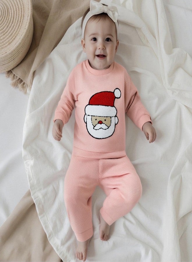 Fernvia Baby Girl Christmas Outfit Toddler Winter Clothes Santa Embroidery Waffle Knit Sweatshirt Pullover Tops Pant Set (B Pink, 12-18 Months) - Image 2