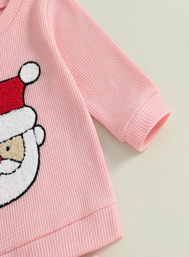 Fernvia Baby Girl Christmas Outfit Toddler Winter Clothes Santa Embroidery Waffle Knit Sweatshirt Pullover Tops Pant Set (B Pink, 12-18 Months) - Image 5