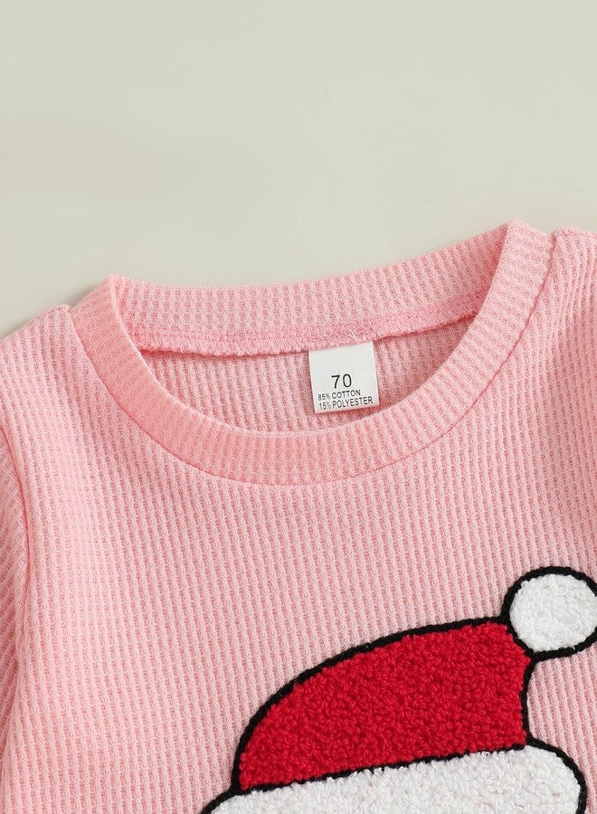 Fernvia Baby Girl Christmas Outfit Toddler Winter Clothes Santa Embroidery Waffle Knit Sweatshirt Pullover Tops Pant Set (B Pink, 12-18 Months) - Image 4