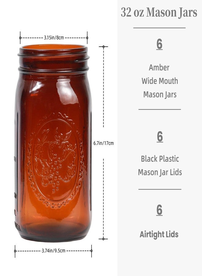 Yodecy 6 Pack 32 oz Amber Wide Mouth Mason Jars with Airtight Lids and Black Plastic Mason Jar Lids, Amber Canning Jars - Image 2
