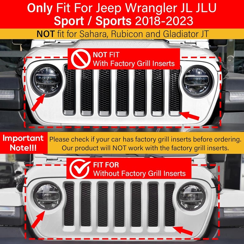 Bonbo Mesh Grille Grill Insert & Headlight Turn Light Cover Trim for Jeep Wrangler JL Sport/Sports 2018-2023 (Black) - Image 2