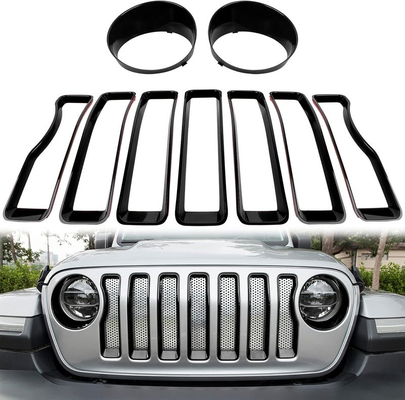 Bonbo Mesh Grille Grill Insert & Headlight Turn Light Cover Trim for Jeep Wrangler JL Sport/Sports 2018-2023 (Black) - Image 1