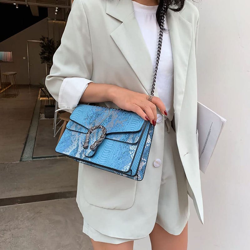DEEPMEOW Crossbody Shoulder Evening Bag for Women - Snake Printed Leather Messenger Bag Chain Strap Clutch Small Square Satchel Purseï¼ˆBlueï¼‰ - Image 3