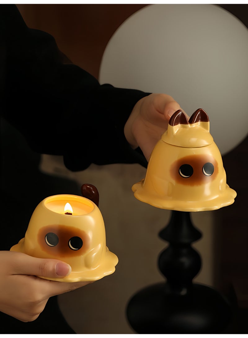 شمعة معطرة بالقط السيامي المصنوعة يدوياً - شمع الصويا الطبيعي، رائحة اللافندر، بدون دخان، علبة هدية كبيرة، ديكور للمنزل​ - Image 2