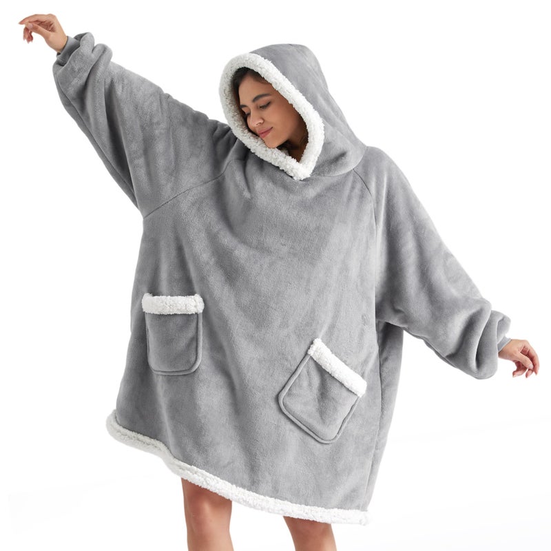 Bedsure Blanket Hoodie, Wearable Blanket Hoodie as Gifts for Mom, Birthday Gifts for Women Kids Teens Mother's Day Sherpa Sweatshirt, Grey, Standard - Image 1