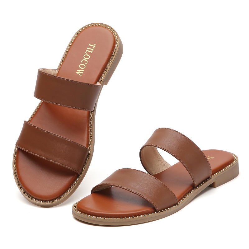 Tilocow Women's Flat Sandals with Rivets Inlaid Slip on Sandals Two Strap Casual Summer Slide Shoes - Image 1