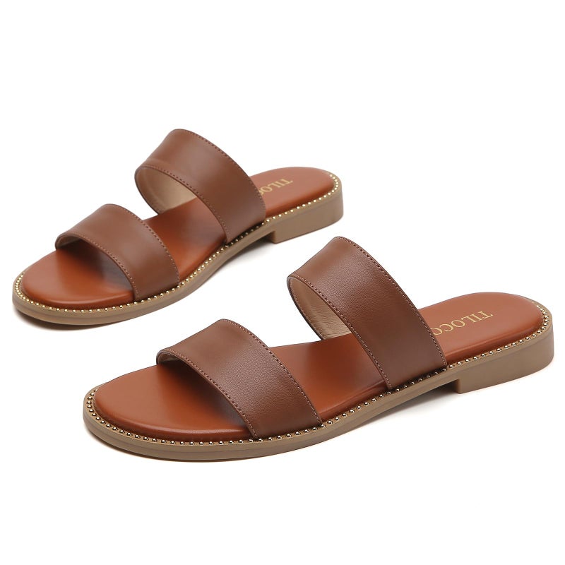 Tilocow Women's Flat Sandals with Rivets Inlaid Slip on Sandals Two Strap Casual Summer Slide Shoes - Image 3