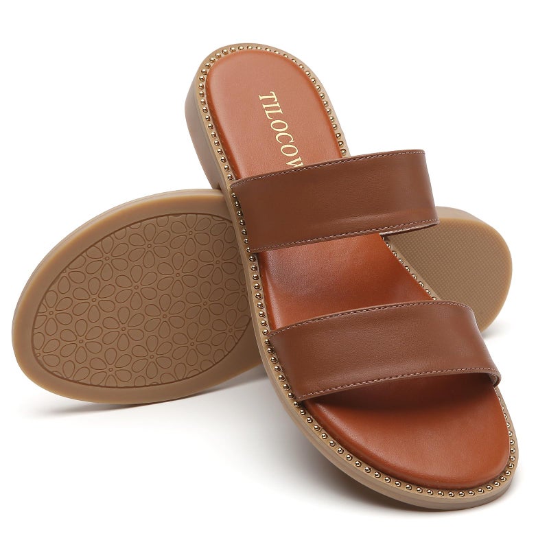 Tilocow Women's Flat Sandals with Rivets Inlaid Slip on Sandals Two Strap Casual Summer Slide Shoes - Image 4