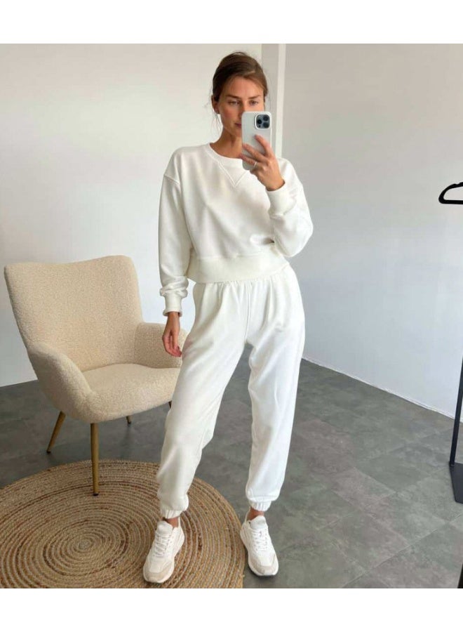 NIBEMINENT Autumn Casual 2 Piece Set Loose Solid Color Long Sleeved Sweatshirt Elastic Waist Trousers Suit Fashion Commuting Women Clothing - Image 2