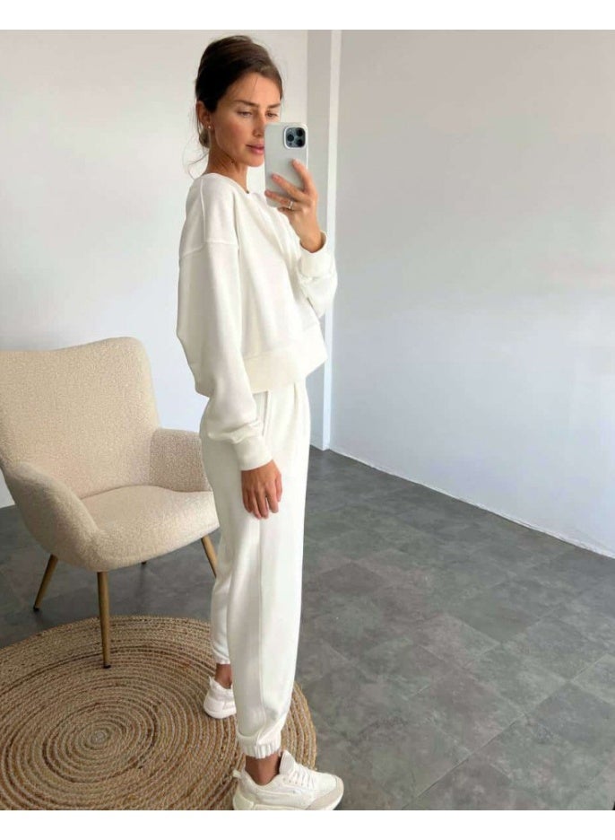 NIBEMINENT Autumn Casual 2 Piece Set Loose Solid Color Long Sleeved Sweatshirt Elastic Waist Trousers Suit Fashion Commuting Women Clothing - Image 3