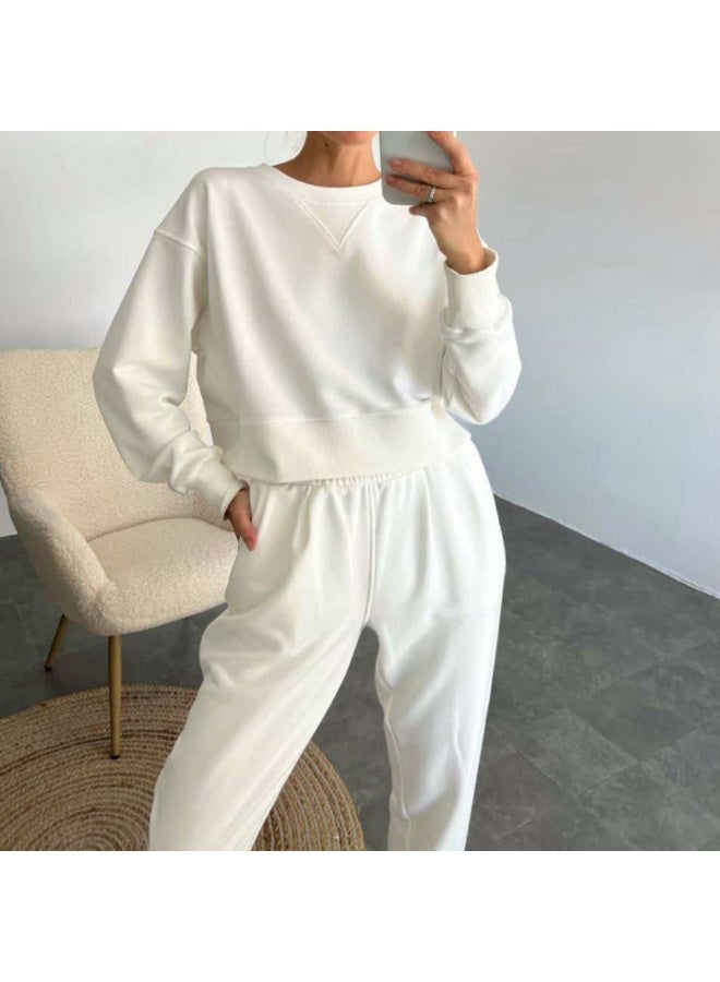 NIBEMINENT Autumn Casual 2 Piece Set Loose Solid Color Long Sleeved Sweatshirt Elastic Waist Trousers Suit Fashion Commuting Women Clothing - Image 1