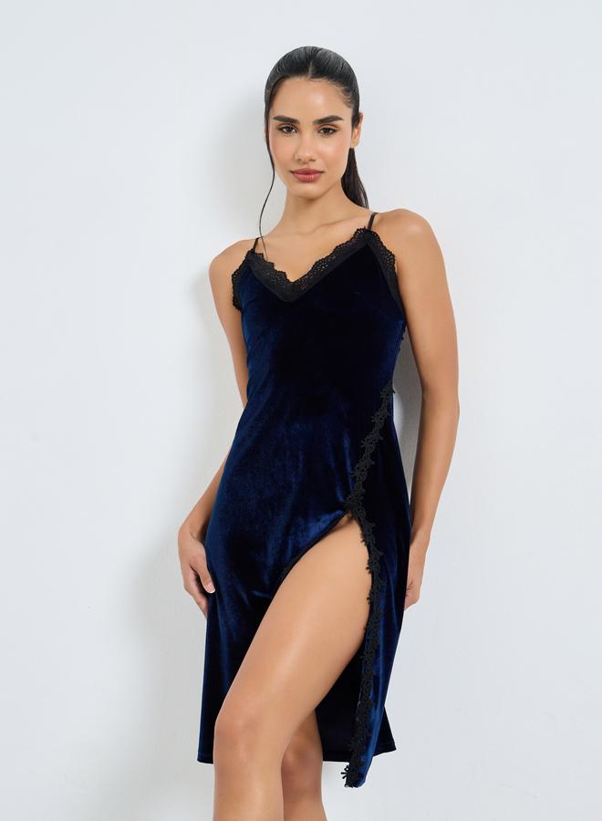 Styli Velvet Contrast Lace Trim Thigh Slit Slip Dress - Image 1