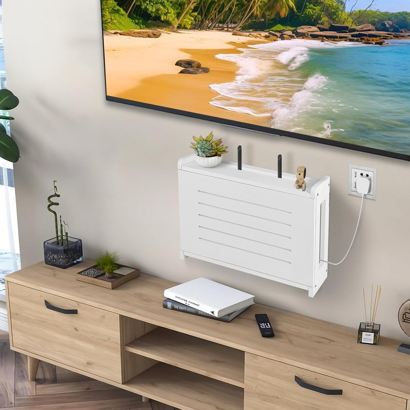 BEARUT Wooden Router Shelf Wall Mount WiFi Router Storage Box Modem Cover Organized Power Strip Cable Management Hider Rack by Solid Wood Need Assembly White - Image 3