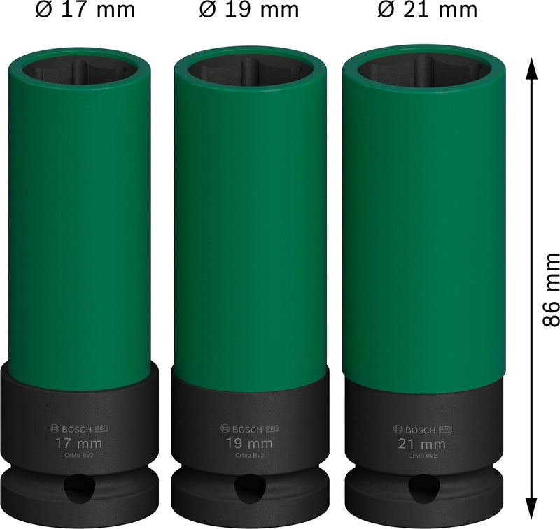 BOSCH Impact Socket Set 7-Piece | High-Torque CRMO Steel for Extreme Durability | Black Phosphate Coating for Corrosion Resistance | Secure Pin & Ring Design | Laser-Etched Sizes - Image 3