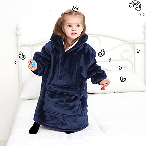 KFUBUO Wearable Blanket Hoodie for Kids Toddlers Sherpa Blanket Sweatshirt With Pocket Cute Hoodies 2-6 Year Old Girl Boy Birthday Gifts Navy - Image 3