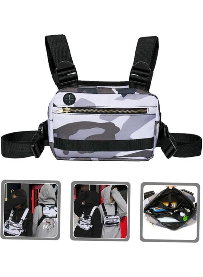 إيونتو حقيبة الصدر للجنسين سترة الهيب هوب الشارع الشهير حقائب الخصر Crossbody حزمة الهاتف أداة وظيفية الرياضة ركوب الدراجات الحقيبة المدمج في ثقب سماعة الرأس، حقيبة خفيفة الوزن للجري، والتدريبات، والمشي لمسافات طويلة، والتمويه الرمادي - Image 4