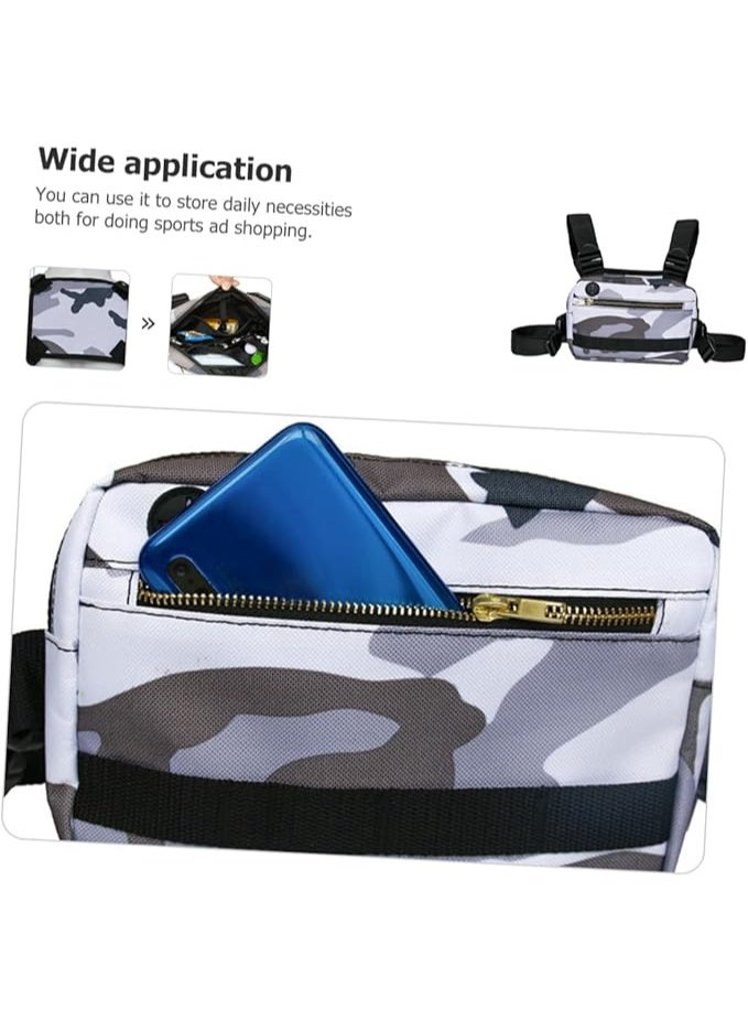 إيونتو حقيبة الصدر للجنسين سترة الهيب هوب الشارع الشهير حقائب الخصر Crossbody حزمة الهاتف أداة وظيفية الرياضة ركوب الدراجات الحقيبة المدمج في ثقب سماعة الرأس، حقيبة خفيفة الوزن للجري، والتدريبات، والمشي لمسافات طويلة، والتمويه الرمادي - Image 5