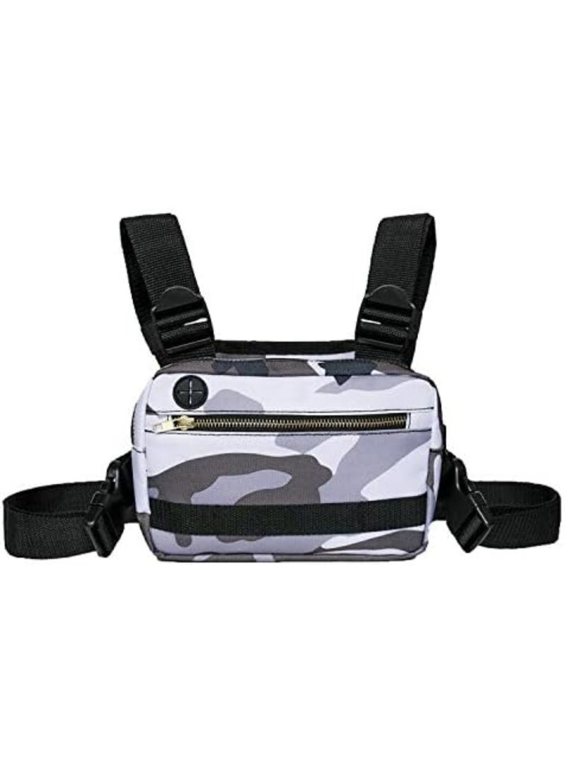 إيونتو حقيبة الصدر للجنسين سترة الهيب هوب الشارع الشهير حقائب الخصر Crossbody حزمة الهاتف أداة وظيفية الرياضة ركوب الدراجات الحقيبة المدمج في ثقب سماعة الرأس، حقيبة خفيفة الوزن للجري، والتدريبات، والمشي لمسافات طويلة، والتمويه الرمادي - Image 2