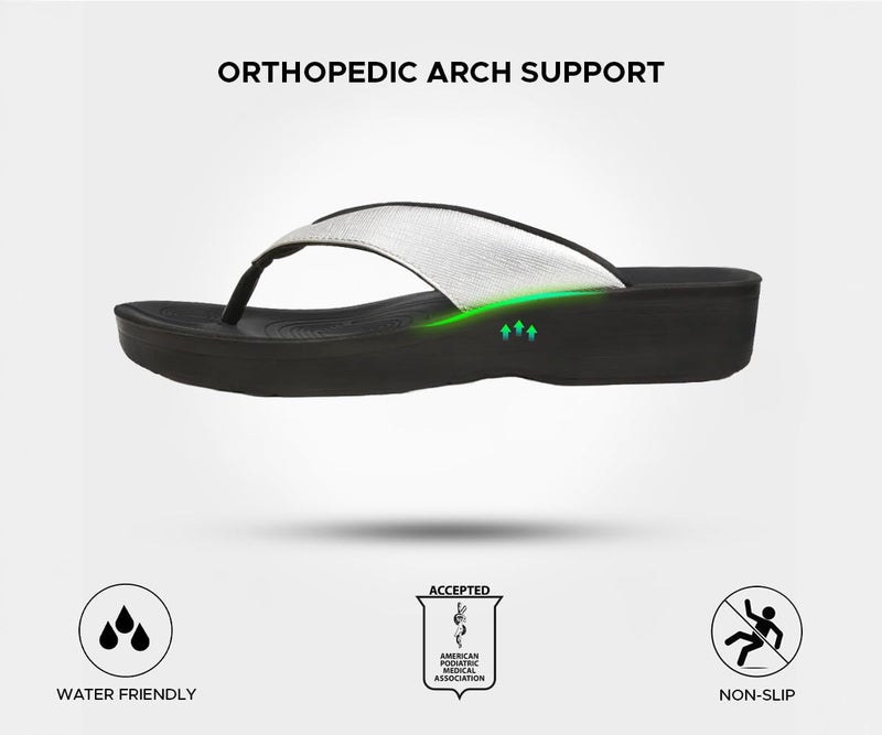 AEROTHOTIC Comfy Flip Flops for Women with Arch Support Orthotic Footbed Stylish Faux Leather Padded Straps with Soft Toe Post & Non-Slip Sole Slip On Casual Indoor and Outdoor Ladies Sandals (Matt Silver, Size 9) - Image 5