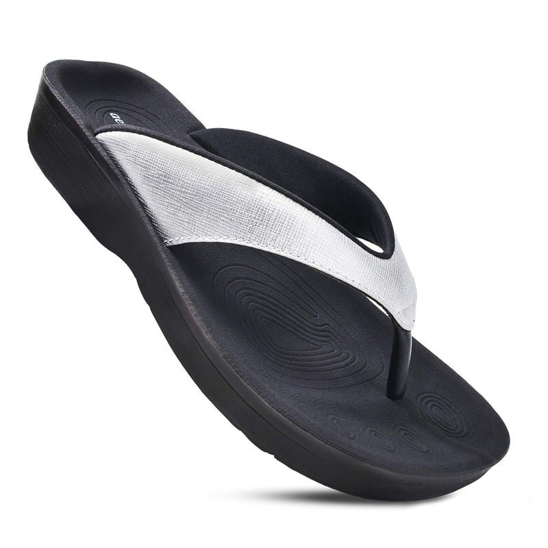 AEROTHOTIC Comfy Flip Flops for Women with Arch Support Orthotic Footbed Stylish Faux Leather Padded Straps with Soft Toe Post & Non-Slip Sole Slip On Casual Indoor and Outdoor Ladies Sandals (Matt Silver, Size 9) - Image 1