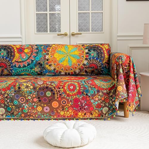 Erbnaryx Boho Couch Cover with Tassels, Washable 1-Seater Sectional Sofa Cover for Living Room(A7, 71"x91") - Image 1