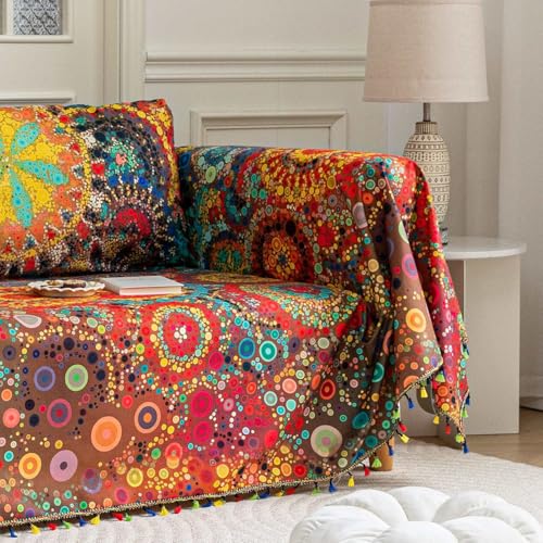 Erbnaryx Boho Couch Cover with Tassels, Washable 1-Seater Sectional Sofa Cover for Living Room(A7, 71"x91") - Image 4