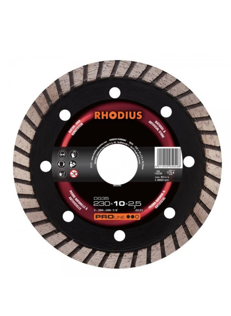 RHODIUS DG35 Diamond Cutting Disc - 230mm Straight Rim for Efficient Cutting, 10mm Segment Height, 6650 RPM, Ideal for Stone & Concrete 