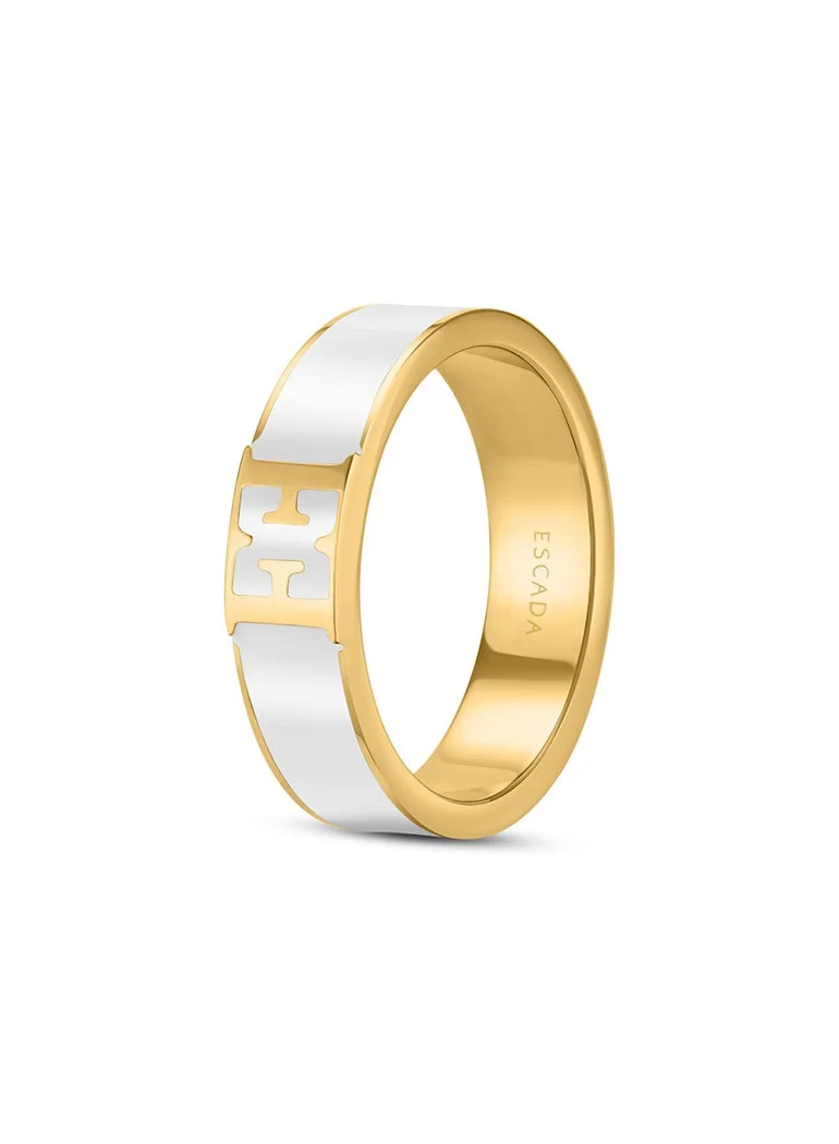 ESCADA Scarlett Gold Plated Ring with Logo Cutout and White Enamel Accent