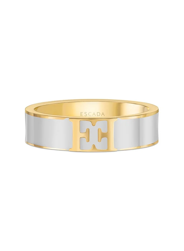 ESCADA Scarlett Gold Plated Ring with Logo Cutout and White Enamel Accent