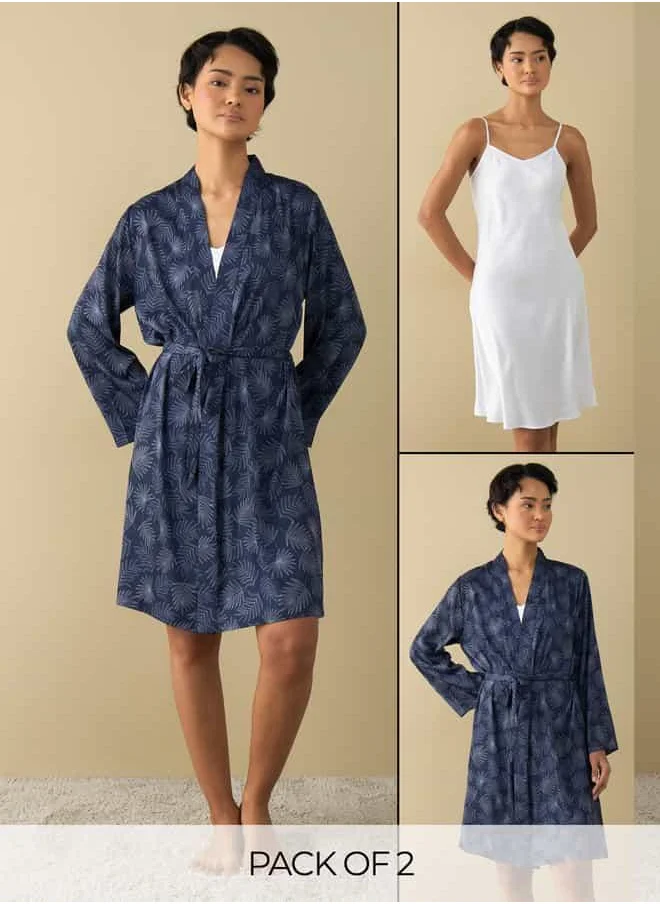 FAV Solid Slip Dress with All-Over Print Night Robe