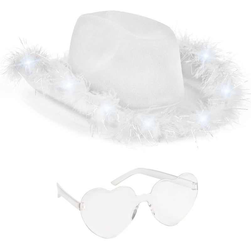 Funcredible White LED Cowboy Hat & Heart Glasses â€“ Light-Up Cowgirl Costume Accessory Set for Festivals, Concerts & Photo Shoots - Image 1