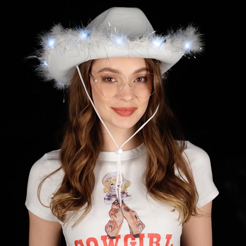 Funcredible White LED Cowboy Hat & Heart Glasses â€“ Light-Up Cowgirl Costume Accessory Set for Festivals, Concerts & Photo Shoots - Image 3