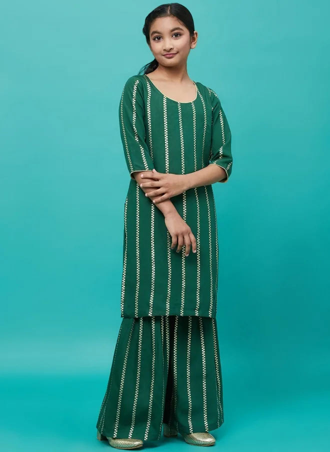 AKS Ethnic Motif Green Kurta Set for Girls