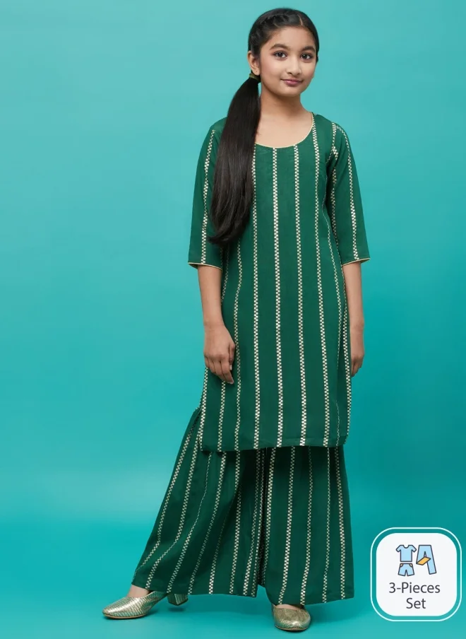 AKS Ethnic Motif Green Kurta Set for Girls