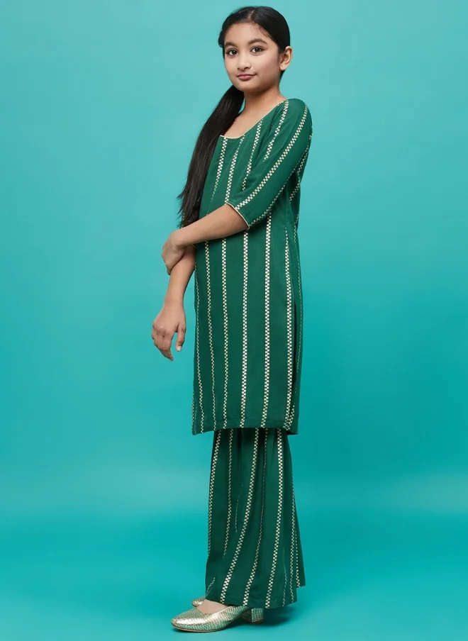 AKS Ethnic Motif Green Kurta Set for Girls