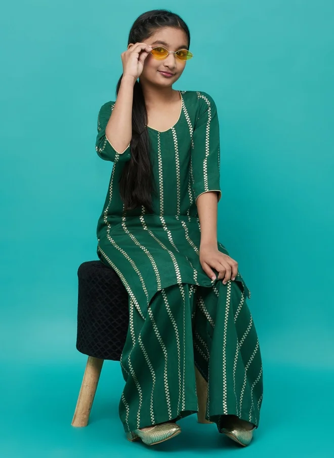 AKS Ethnic Motif Green Kurta Set for Girls