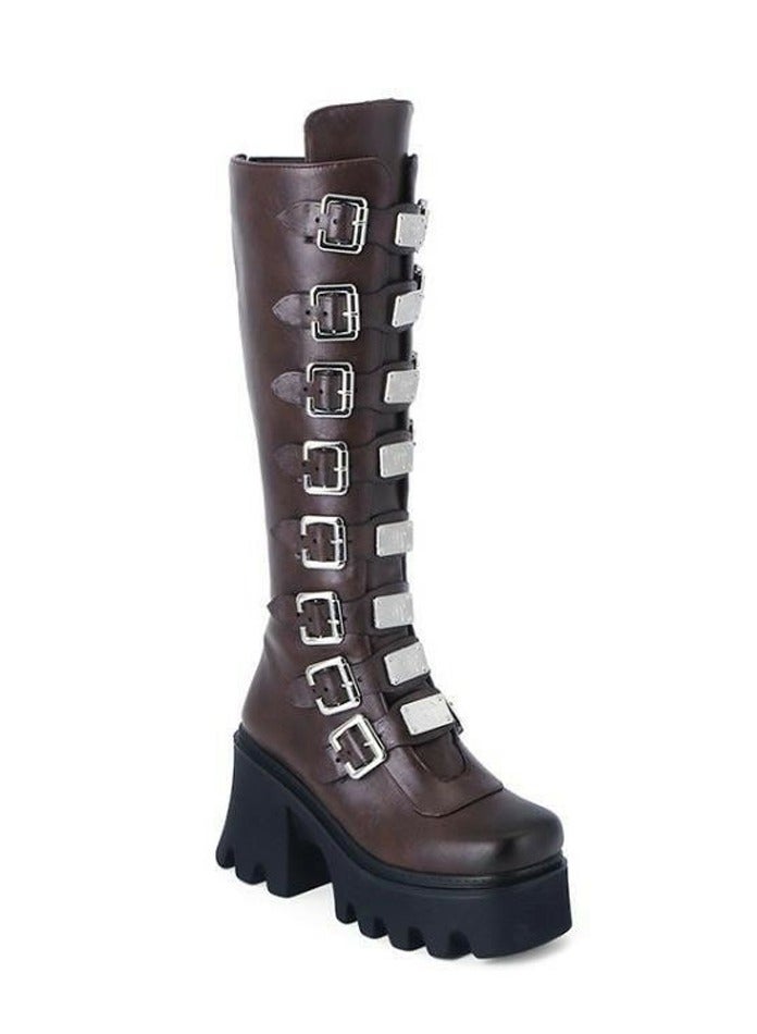 Loquat Women's Punk Thick Soled Buckle Knee High Boots Round toe Platform Booties Dark Brown 