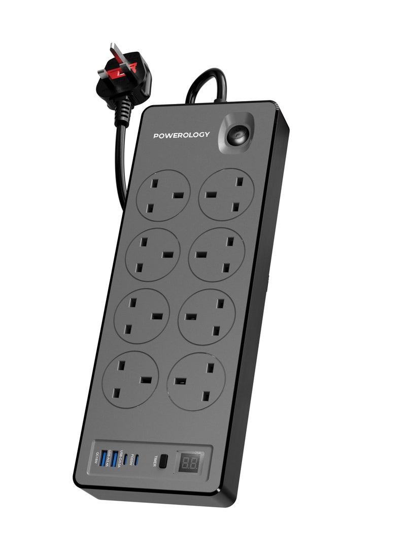 باورولوجي موزع طاقة بقدرة 2990 واط مزود بـ 8 منافذ تيار متردد، ومنفذي USB-A ومنفذي USB-C بتقنية الشحن السريع، وواقي من زيادة التيار، وسلك تمديد متين بطول 2 متر، وحماية من الحمل الزائد، ومقبس متعدد الاستخدامات قابل للتثبيت على الحائط للمنزل والمكتب والأجهزة الإلكترونية - Image 1