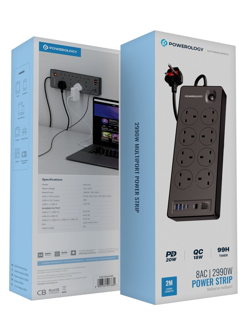 باورولوجي موزع طاقة بقدرة 2990 واط مزود بـ 8 منافذ تيار متردد، ومنفذي USB-A ومنفذي USB-C بتقنية الشحن السريع، وواقي من زيادة التيار، وسلك تمديد متين بطول 2 متر، وحماية من الحمل الزائد، ومقبس متعدد الاستخدامات قابل للتثبيت على الحائط للمنزل والمكتب والأجهزة الإلكترونية - Image 3