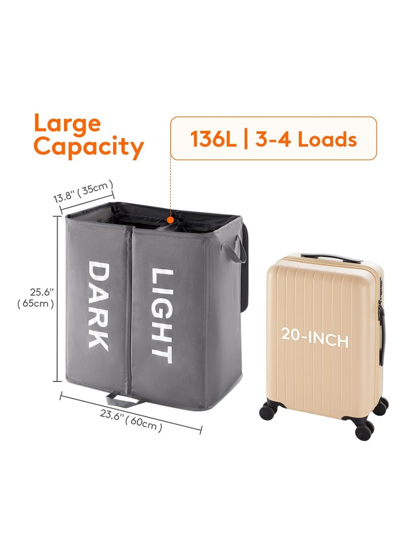 سلة غسيل مزدوجة سعة 136 لترًا مع غطاء وأكياس غسيل قابلة للإزالة، سلة غسيل كبيرة مقسمة، سلة غسيل قابلة للطي مكونة من قسمين مع مقابض - Image 4