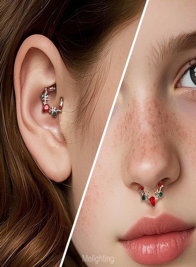 Melighting 16G Christmas Septum Ring, Green and Red Daith Piercing Jewelry 316L Stainless Steel, V-shaped Teardrop Septum Clicker Helix Cartilage Earring for Women 8 mm - Image 4