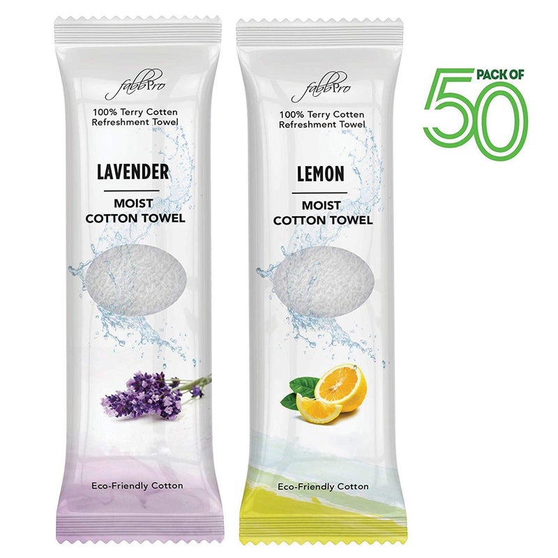 FabbPro Oshibori Moist Terry Cotton Refreshment Towels (50 Pack, 8 x 8 Inches) - White Mildly Scented Pre-moistened Towel to Use Hot or Cold - Lemon & Lavender Scent Bundle of 25 each - Image 2