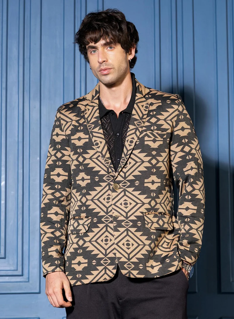 كامبوس سوترا Men Tailored Aztec-Block Jacquard Blazer | Lapel Collar, Long Split-Button Set-In Sleeves | Button , Straight Hem | Jacquard Woven Fabric For Casual & Evening Wear | Multicolour