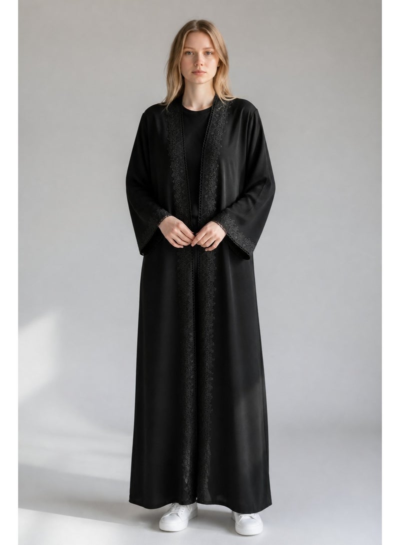 AMA_Apparel Women's Black Lace Trim Abaya - Layan | Elegant Long Sleeve Modest Maxi Dress for Women - Image 1