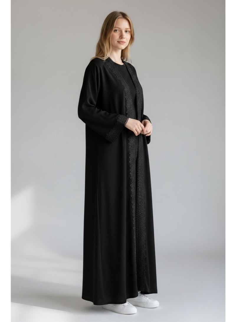 AMA_Apparel Women's Black Lace Trim Abaya - Layan | Elegant Long Sleeve Modest Maxi Dress for Women - Image 2